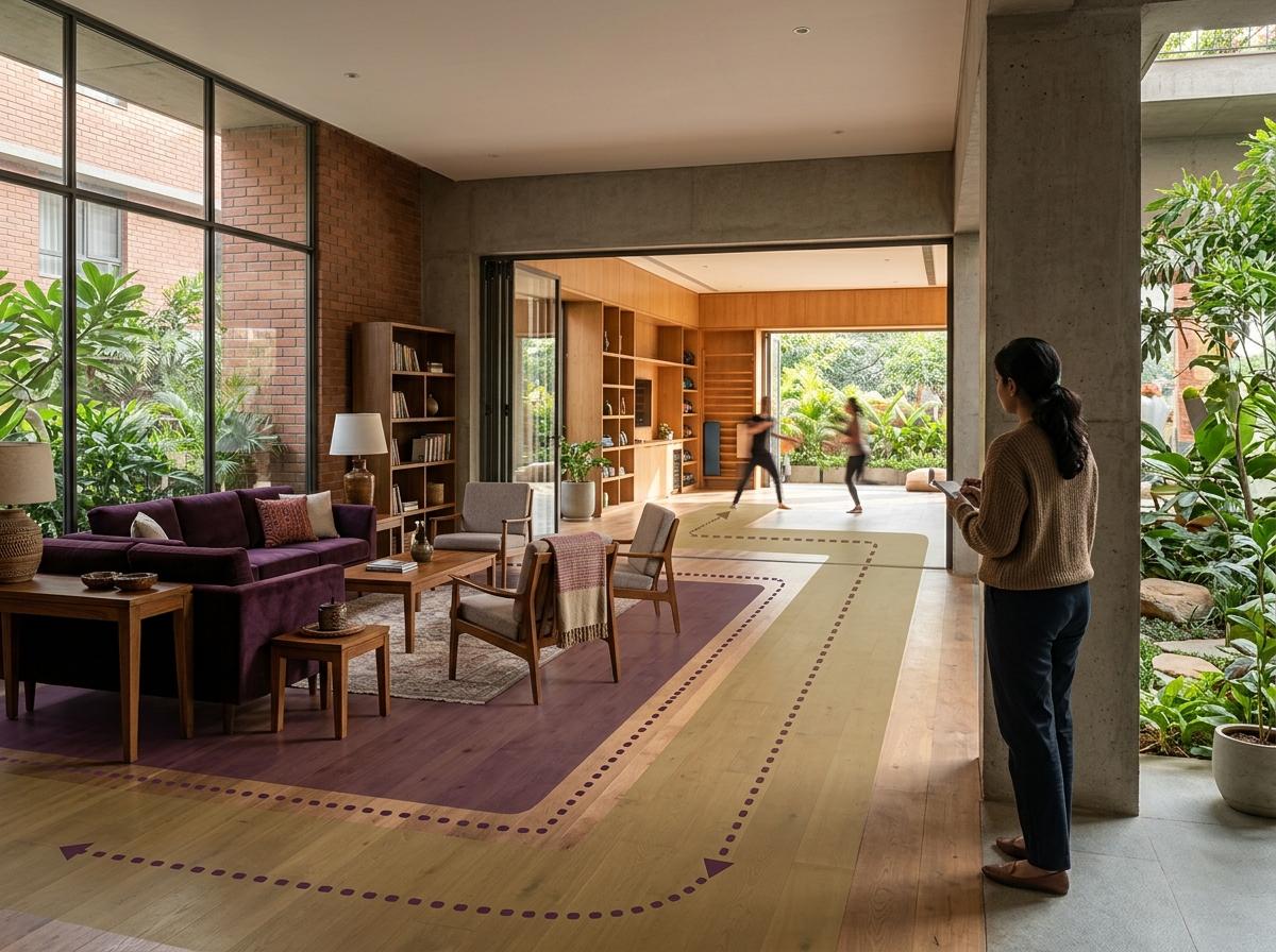 Researcher observing shared residential amenities and activity areas