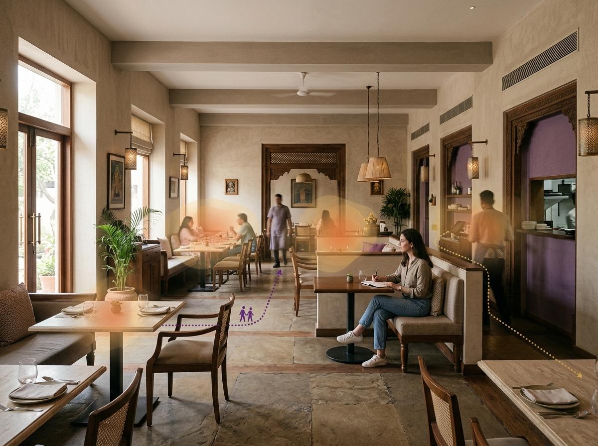 Hospitality researcher observing guest seating and service circulation