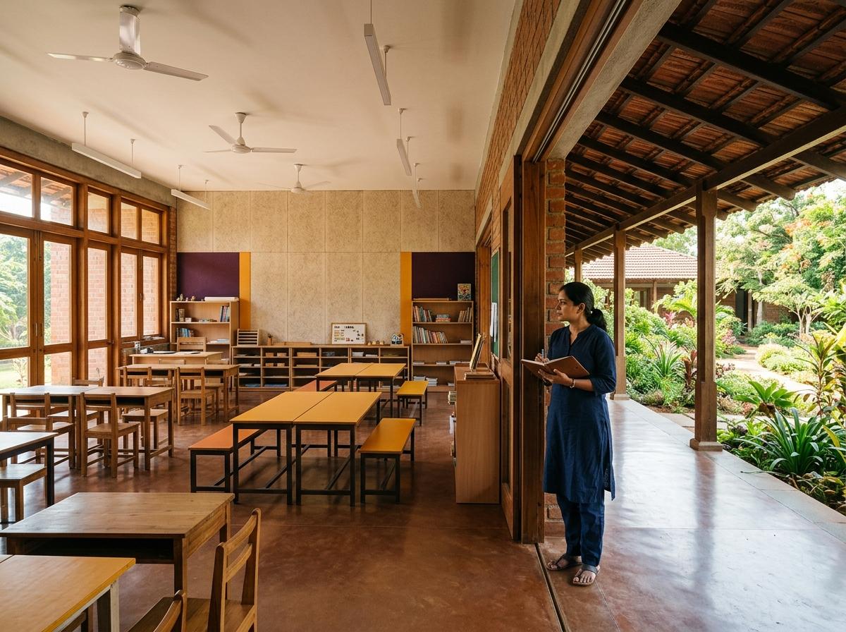 Researcher studying an unoccupied daylight classroom and its transition area
