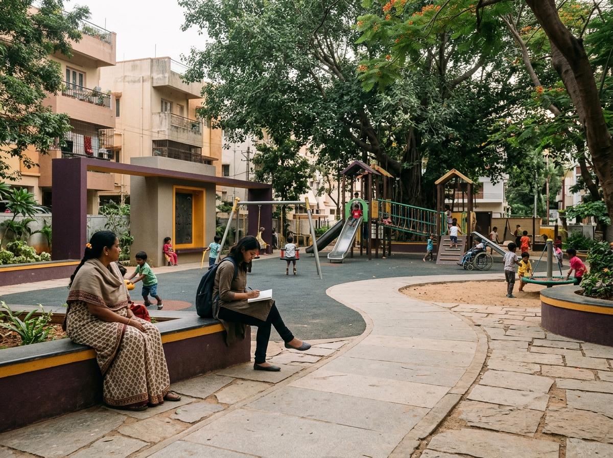 Design researcher observing shaded play areas, accessible paths and caregiver sightlines