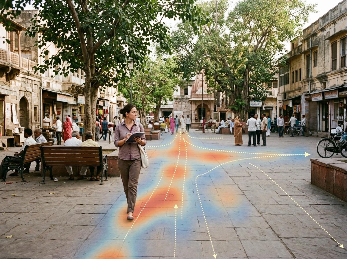 Urban design researcher observing pedestrian routes in a public plaza