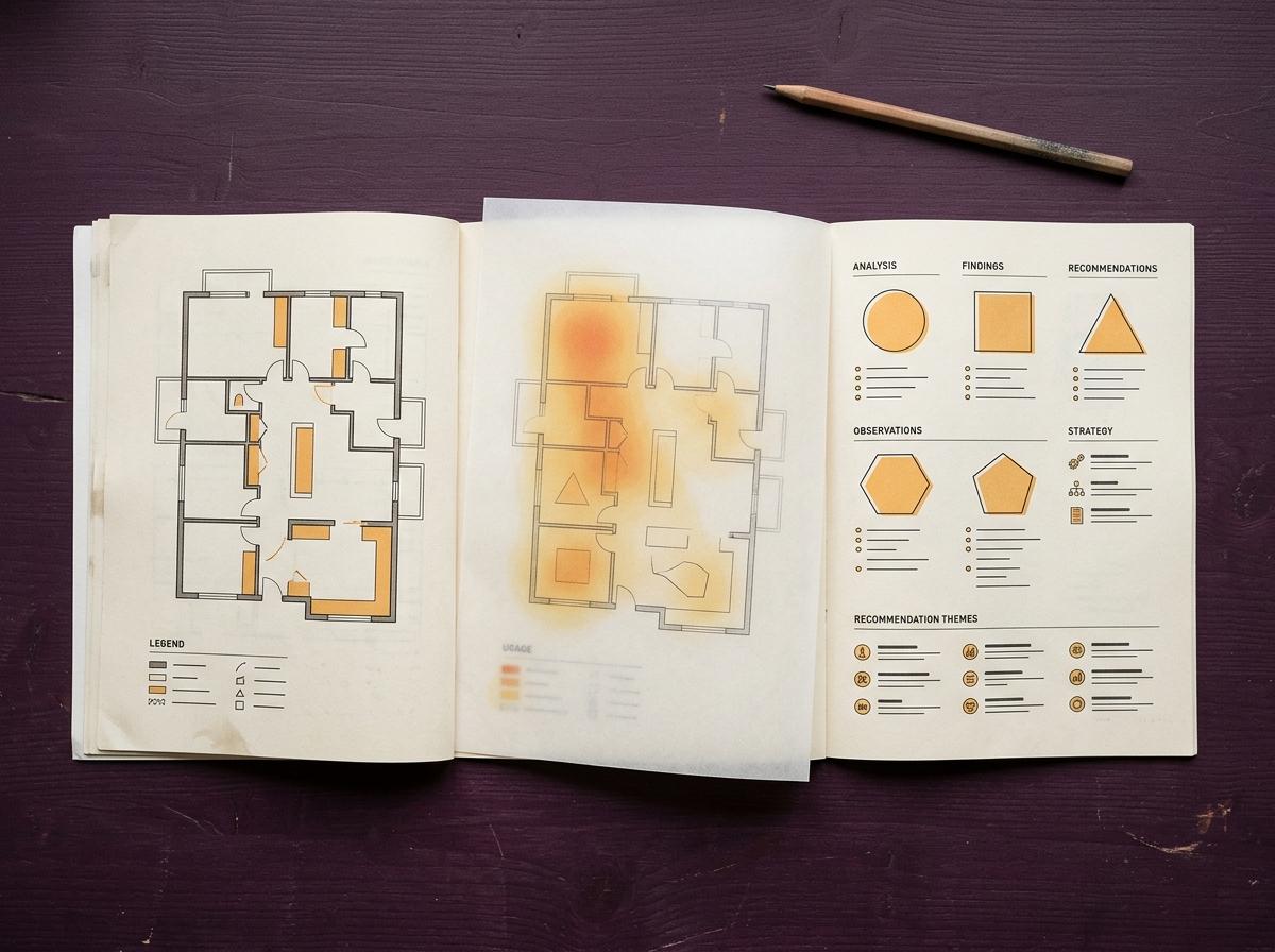 Illustrative audit report spread with generic floor-plan diagrams and usage maps, without client data or scores