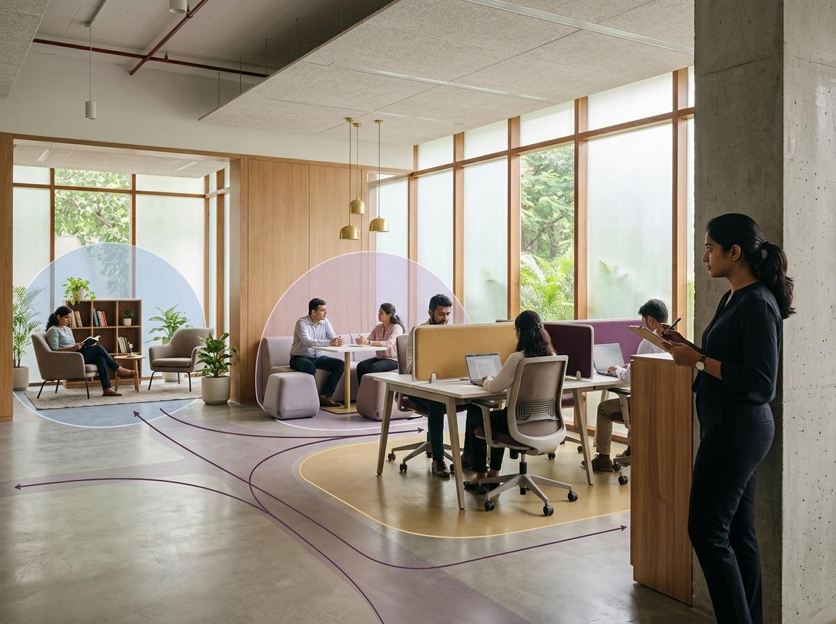 Workplace researcher studying focus areas and circulation in an office