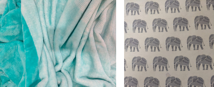 Aquatic-blue fabric beside an elephant-patterned textile from the family’s existing home