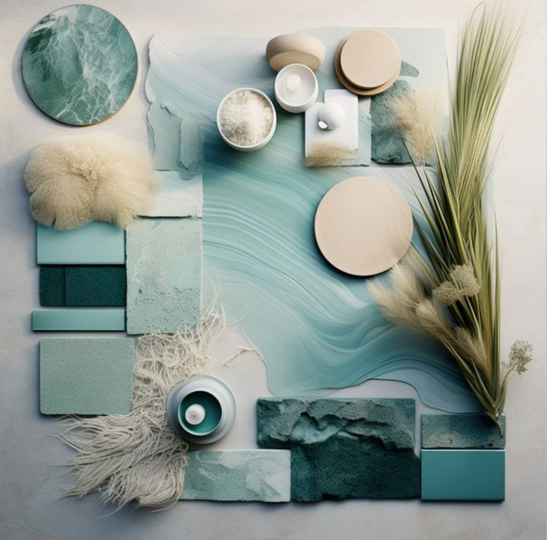 The Rai family’s aquatic-blue and boho moodboard with teal swatches, woven textures, pale ceramics and dried grasses
