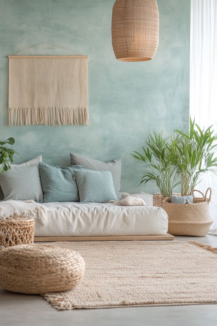 Bangalore House mood inspiration with aquatic-blue walls, woven lighting, natural textiles and plants