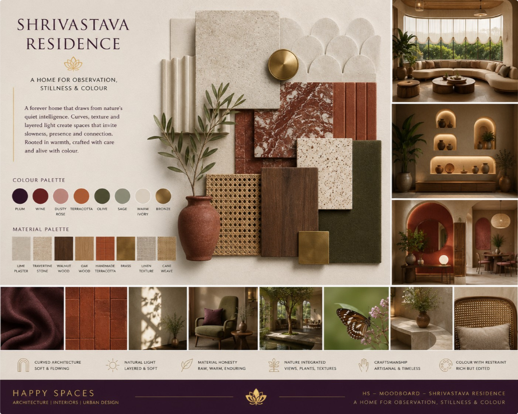 Residence moodboard showing plum, wine, sage and terracotta colours, stone, timber, brass and cane with curved interiors and nature references