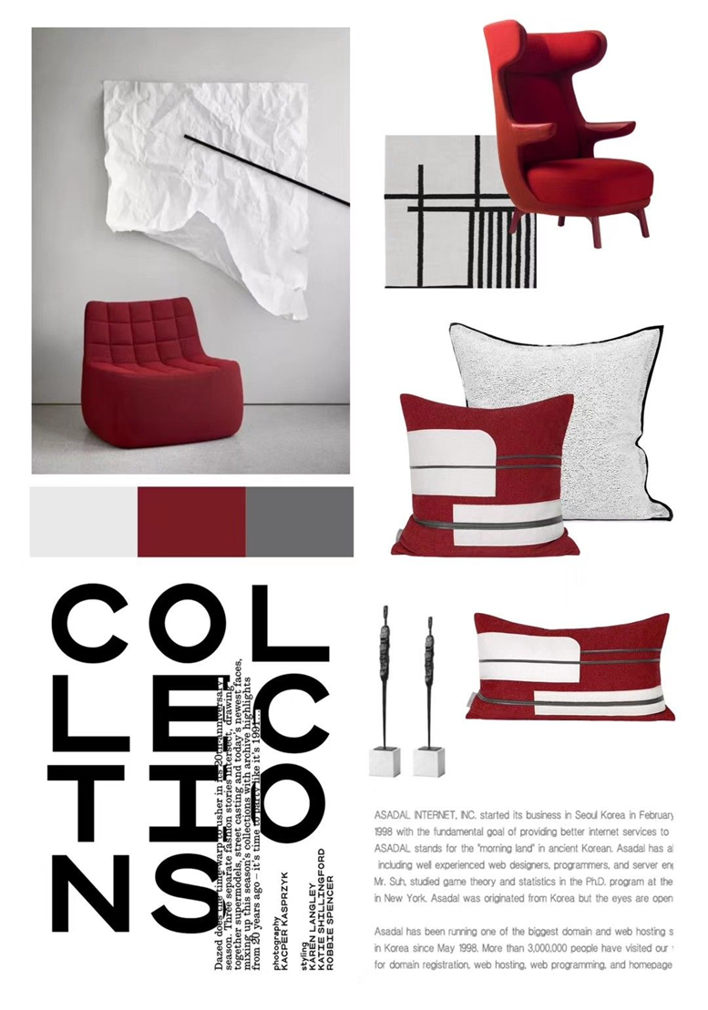 Living-room moodboard with wine-red seating, monochrome textiles and sculptural details