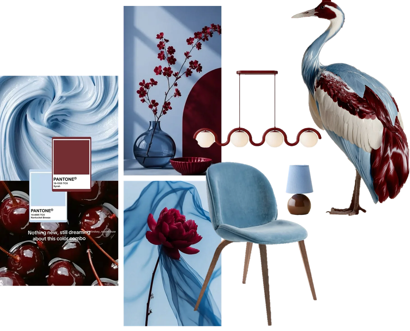 Dining mood collage combining pale blue upholstery, maroon flowers, colour swatches and sculptural lighting