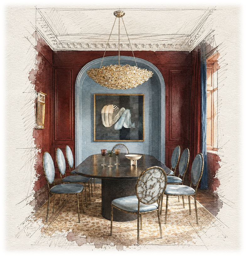 Watercolour dining-room concept with maroon walls, pale blue seating and a sculptural chandelier