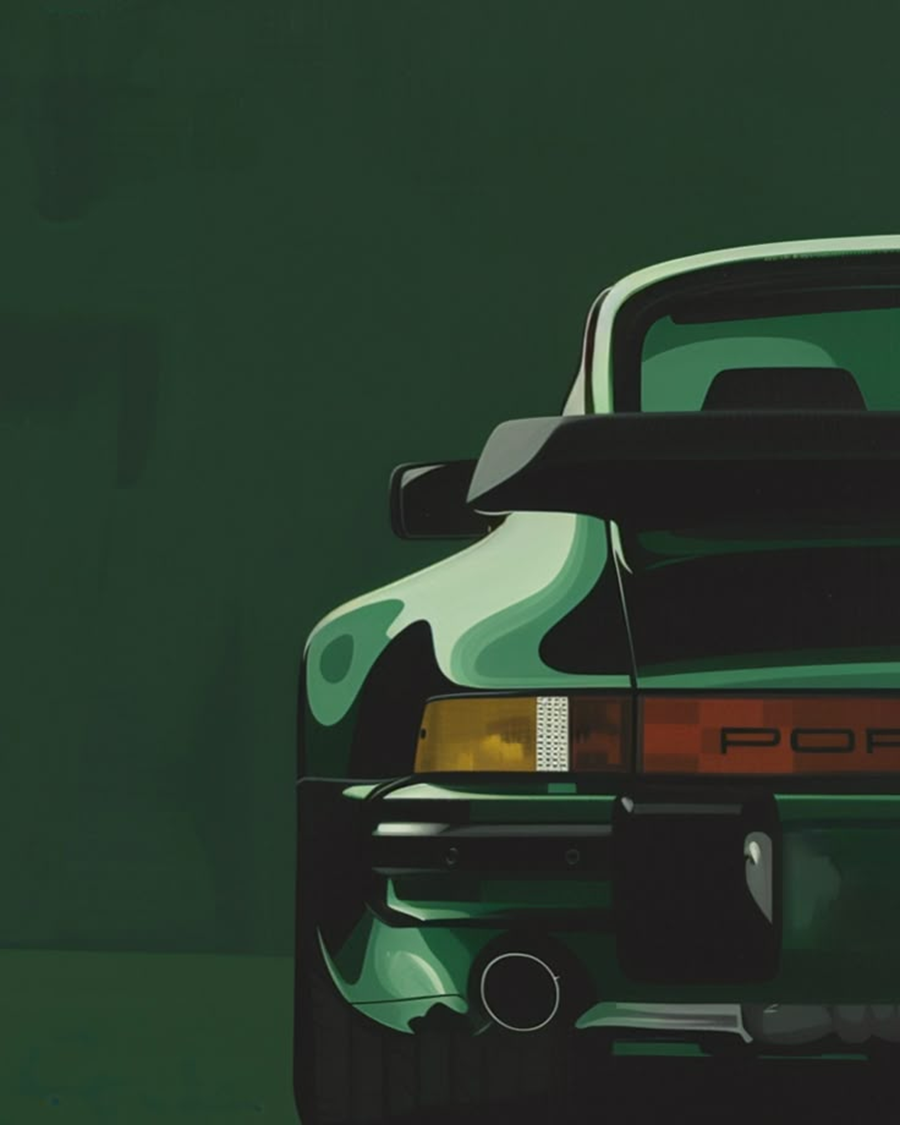 Green sports-car artwork with forest and jade tones and golden highlights, used as the den’s colour reference