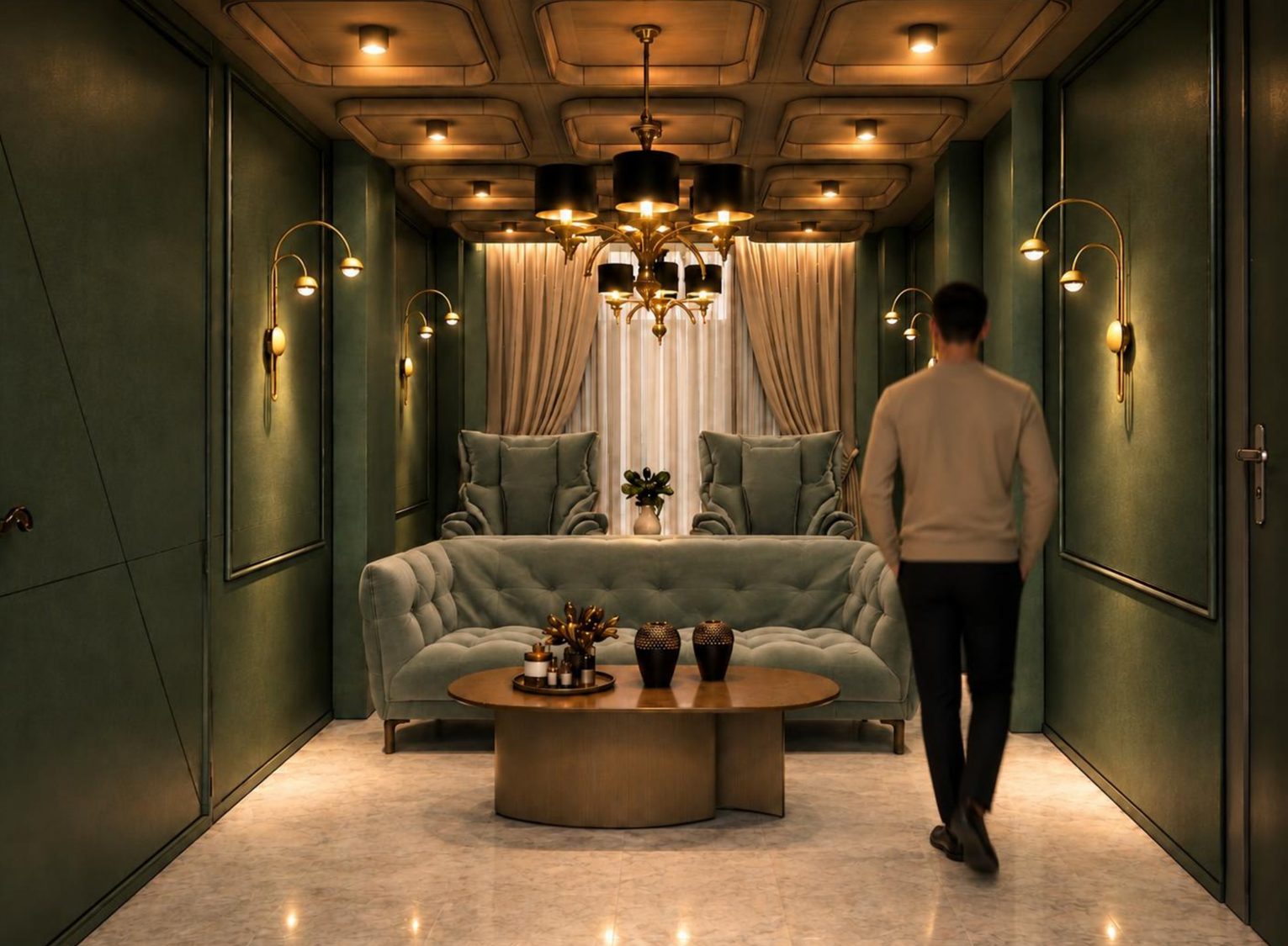The Den design render with deep-green walls, velvet seating, a coffered ceiling and warm golden lighting