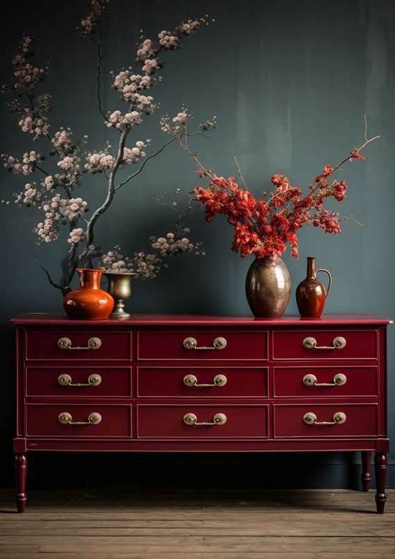 Family-room mood reference with red lacquer drawers, brass handles and flowers against a teal wall