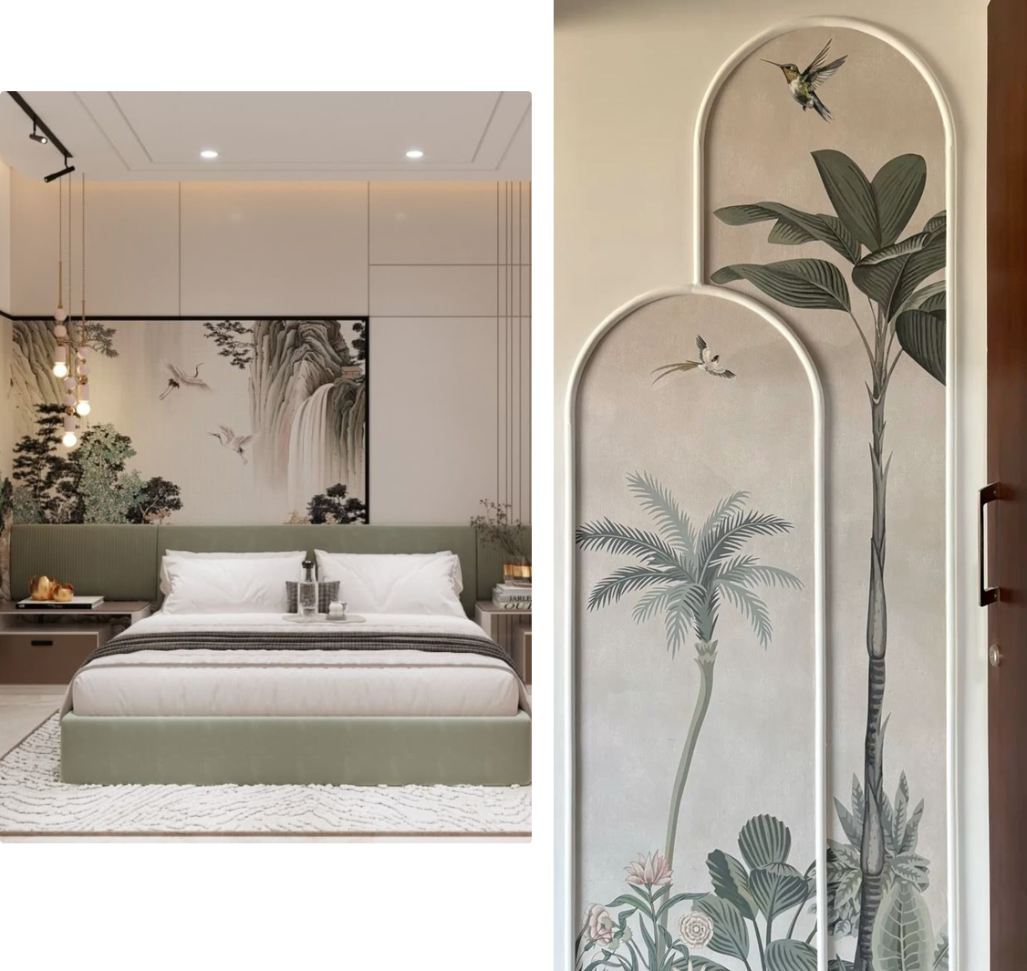 Paired references for the son’s room: sage upholstered bed with landscape artwork and arched botanical wall panels