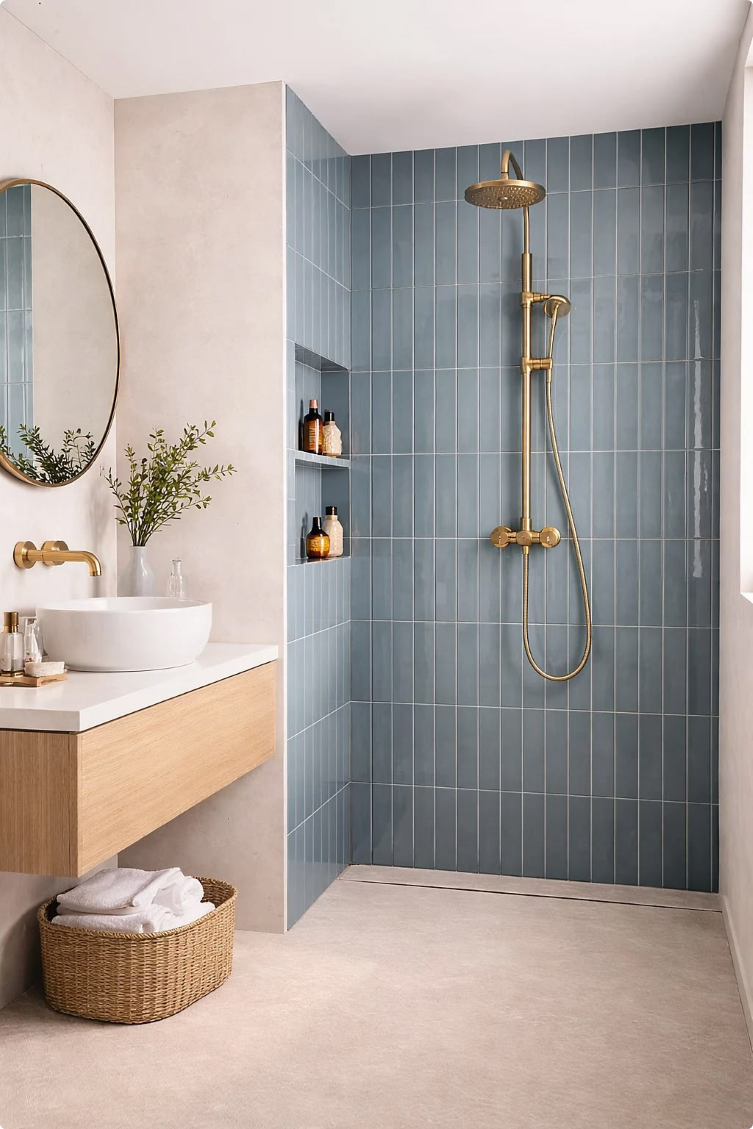 Master-bathroom reference with vertical blue shower tiles, an oak vanity and brass fixtures