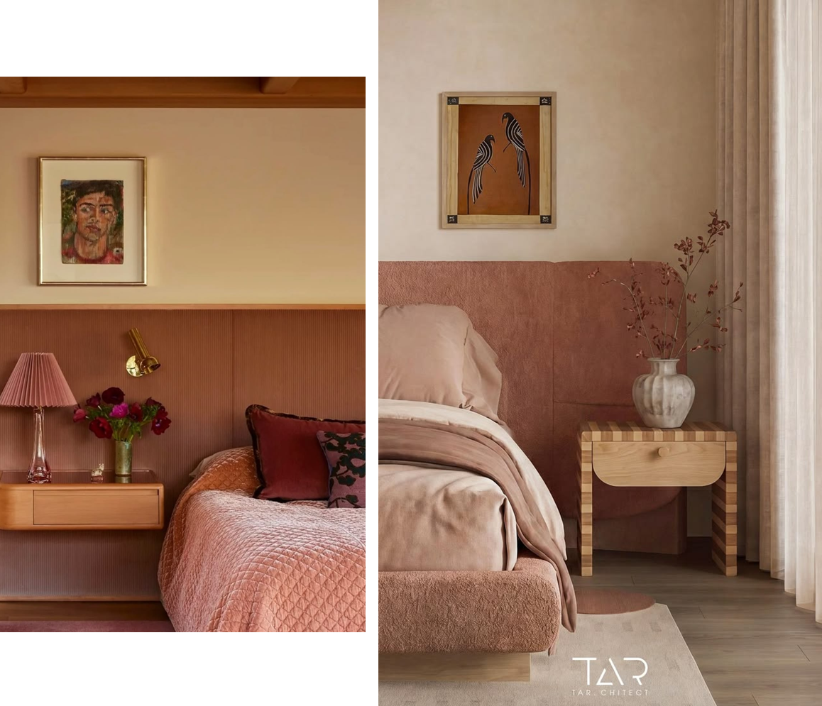 Paired guest-bedroom references with rose upholstery, honey-oak bedside furniture and warm artwork