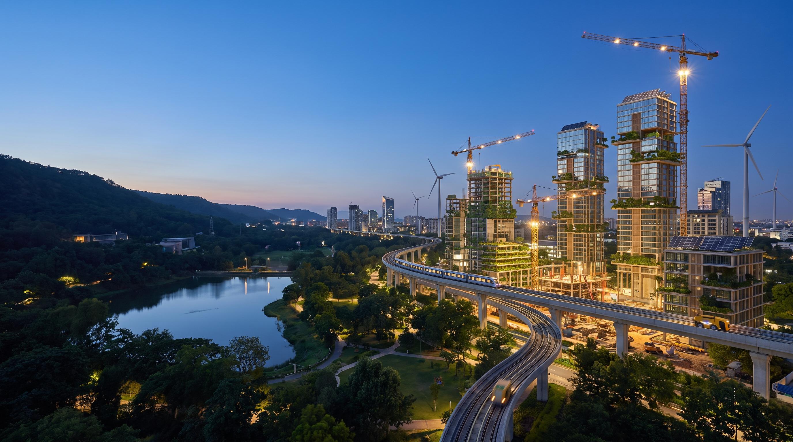 A net-zero future city under construction with green towers, clean energy and electric infrastructure