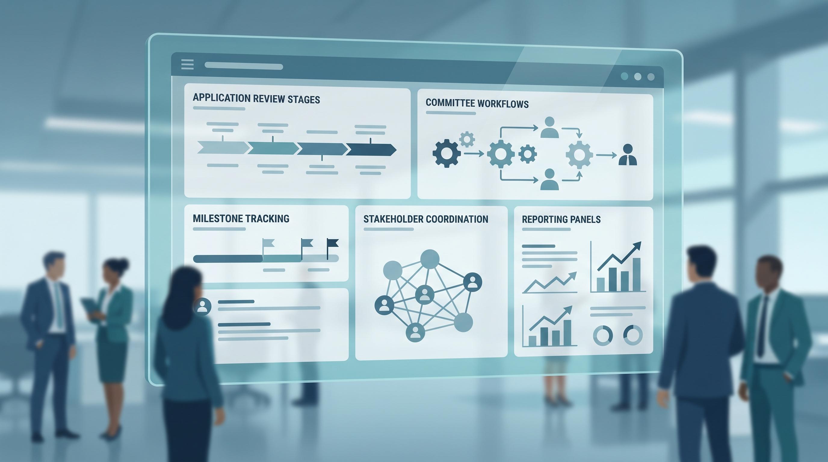Government innovation platform dashboard with reviews, milestones, reporting, and oversight