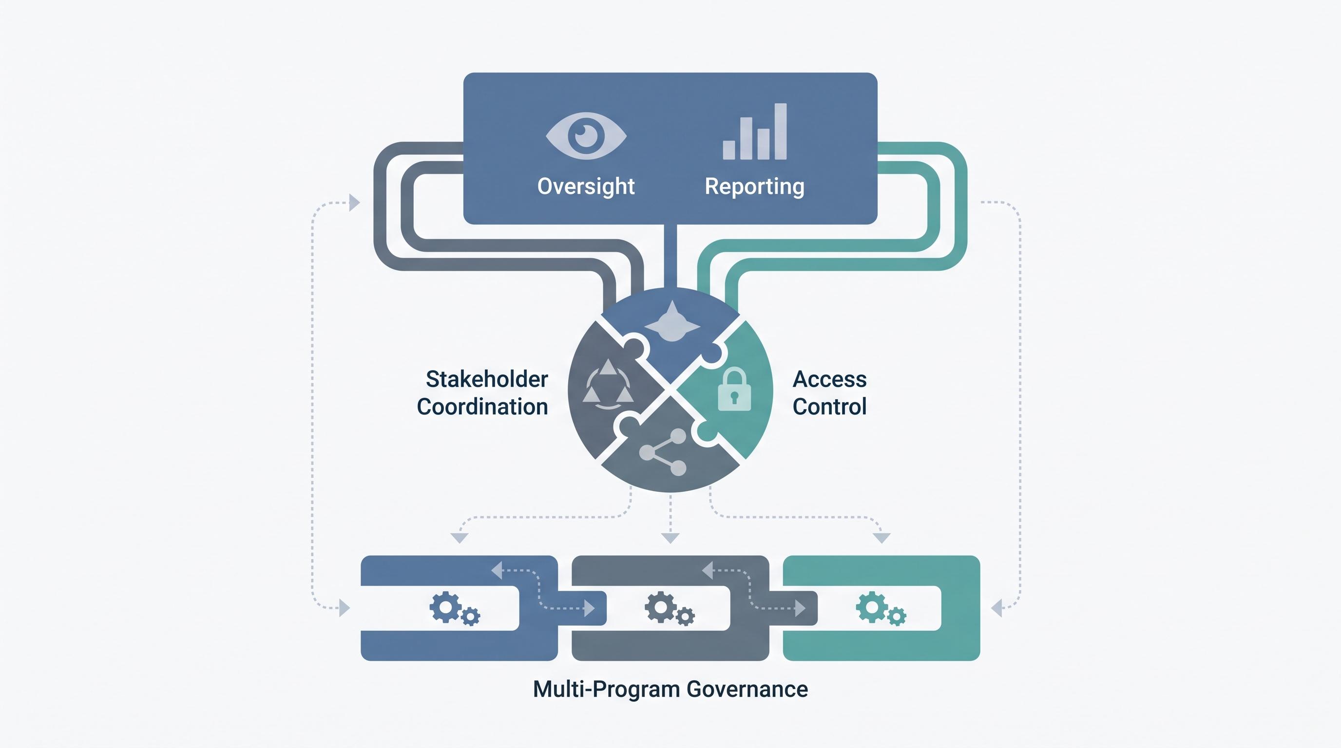 Flat governance diagram showing oversight, reporting, access control, and coordination