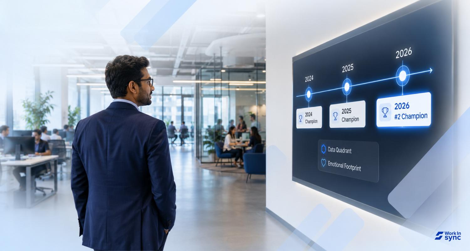 WorkInSync recognition timeline showing consecutive Data Quadrant Champion awards from 2024 to 2026