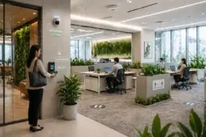 Smart hybrid workplace with touchless technology, occupancy monitoring, and a focus on employee safety and well-being.