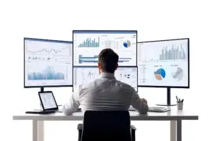 IT manager reviewing and integrating workplace systems for implementing meeting room booking software.