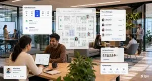 Employees collaborating in a smart hybrid workplace using office management software