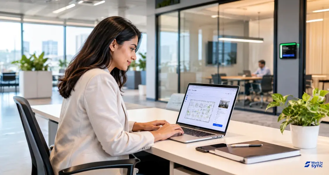 Employee using a laptop to reserve a workspace while managing desk availability inside a modern corporate office