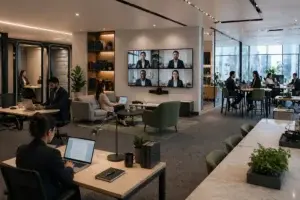 Post-COVID law firm office with flexible workspace design, combining in-office collaboration and remote connectivity to support hybrid work.