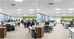 Side-by-side comparison of an office in crowded workstations and underutilized office space