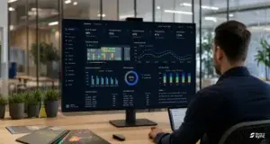 Modern office workspace with employees working at desks while workplace analytics cards overlay the image