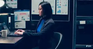 female workplace manager analyzing workplace data