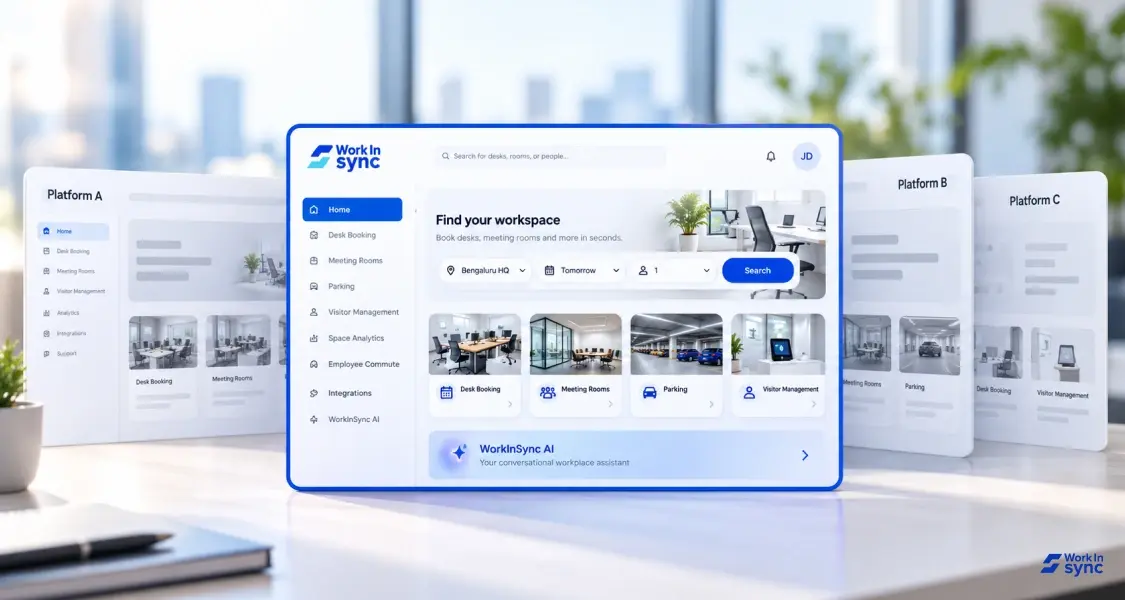 Workplace management software comparison interface showing WorkInSync features alongside other platforms for evaluating office workflows and capabilities