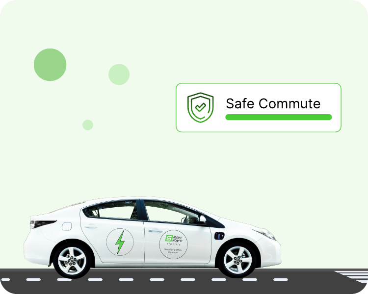 A MoveInSync electric commute car beside a Safe Commute status card