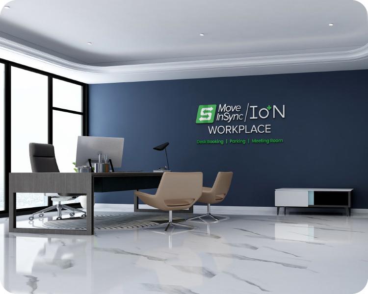 The MoveInSync ION Workplace lounge with its wall branding