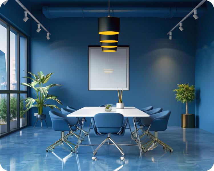 A blue WorkInSync meeting room set for a hybrid session