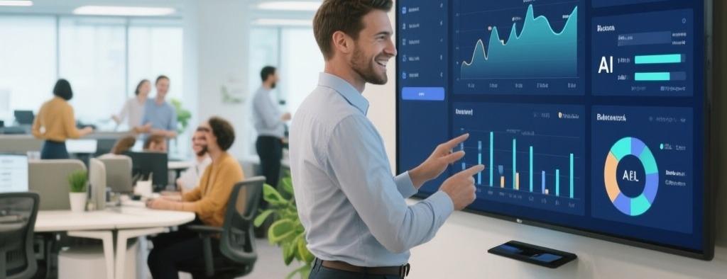 A workplace leader presenting occupancy dashboards on a wall screen in an open office