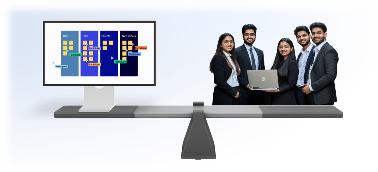 A seating allocation board balanced on a seesaw against a group of employees