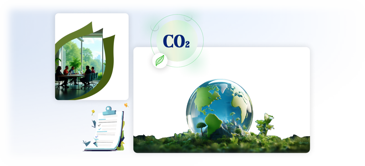 A carbon dioxide badge and a green globe beside a meeting room framed in a leaf