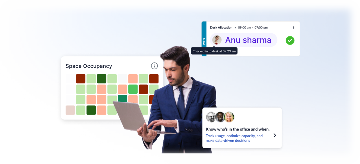 A workplace manager reviewing a space occupancy grid and a desk check-in card