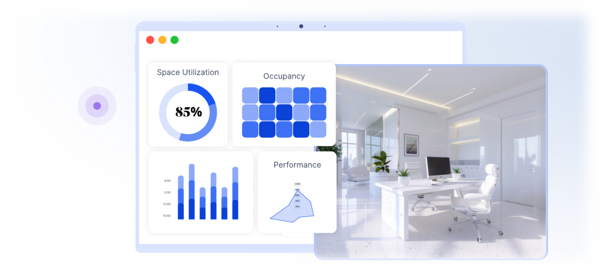 A space utilisation dashboard showing 85 percent occupancy beside a photograph of an open office