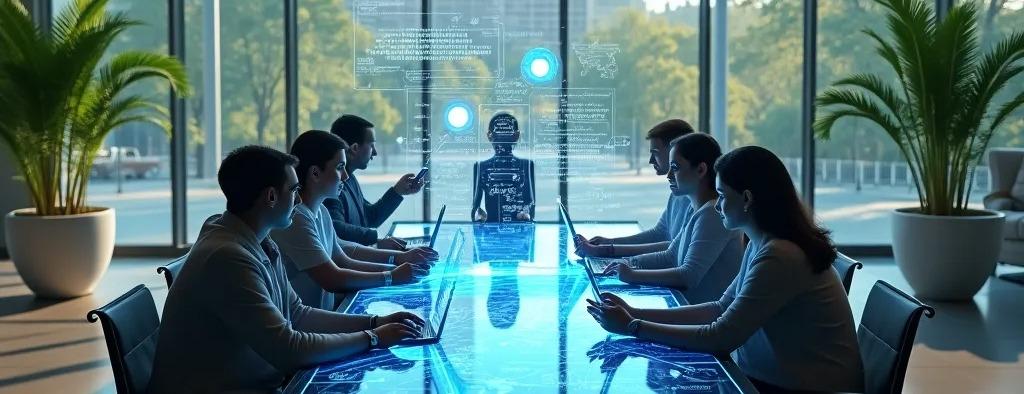 A leadership team around a glass conference table lit by a workplace data projection
