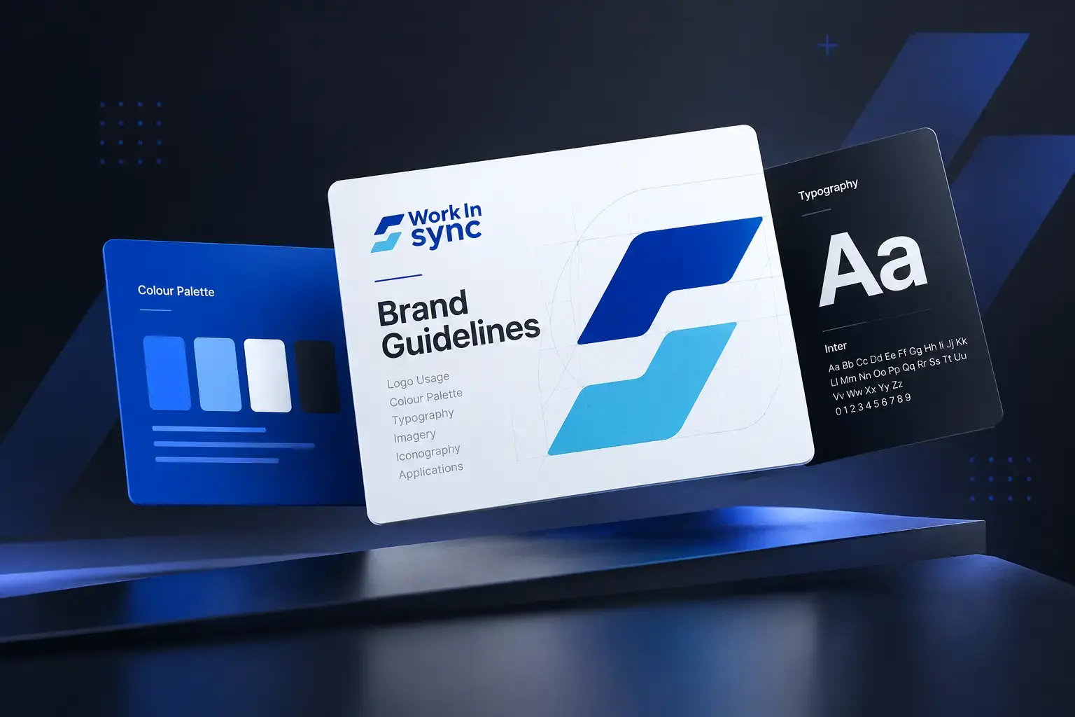 WorkInSync brand guidelines cards showing the logo, brand colours and Inter typography.
