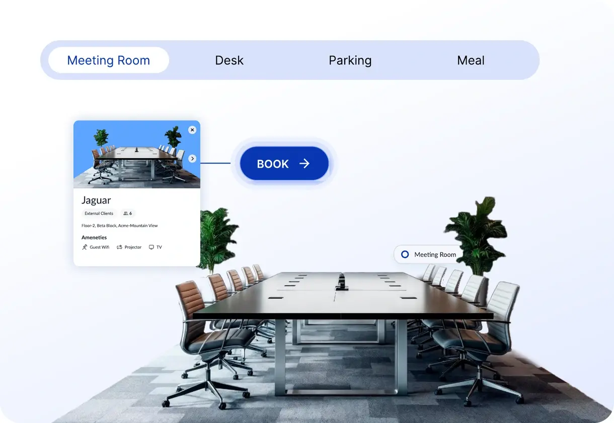 Booking switcher set to Meeting Room over a boardroom, with a room card for Jaguar showing its floor, capacity and amenities