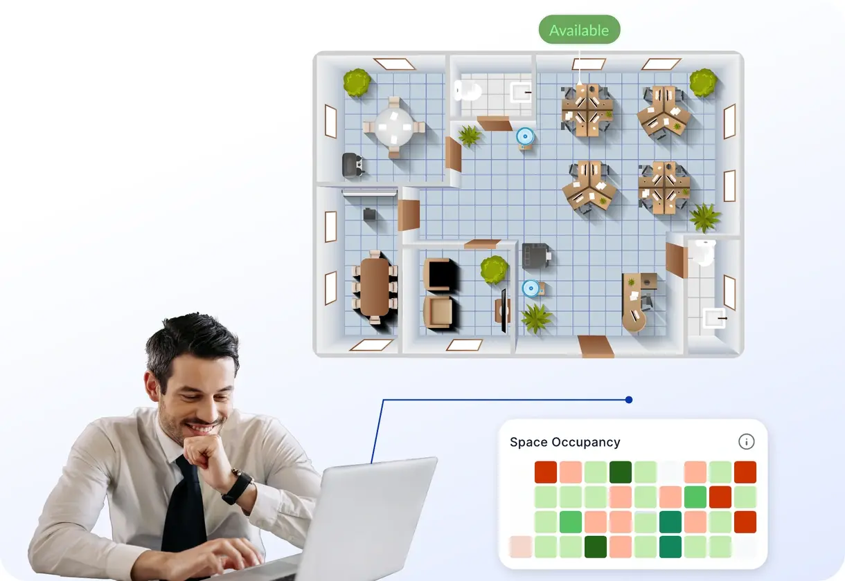 Office floor plan with an Available room marker, beside a Space Occupancy heatmap and a manager at a laptop
