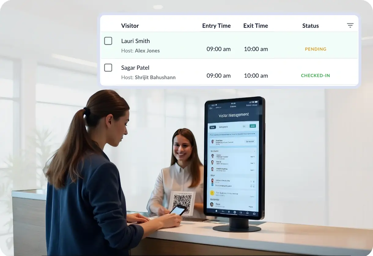 Guest scanning a QR code at a reception kiosk, beside a visitor log listing entry time, exit time and check-in status