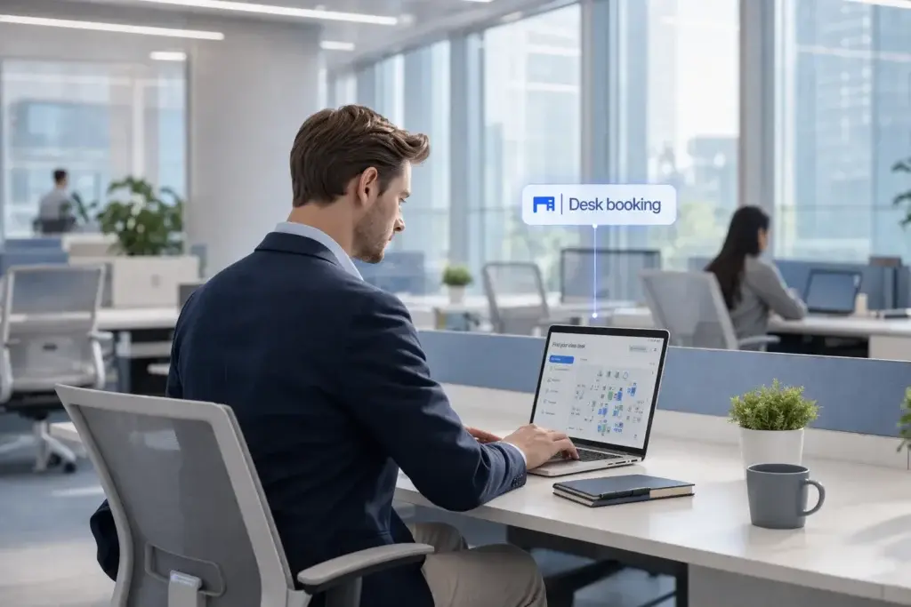 Employees using desk booking software in a hybrid office to choose flexible workspaces and collaborate efficiently.