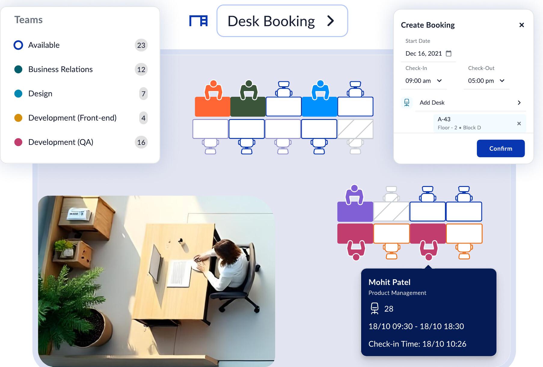 A desk booking floor plan with team availability, a live seat map and a booking panel