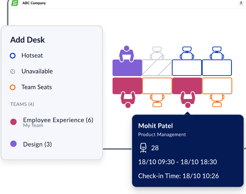 A floor plan with team neighbourhoods and a desk assigned to a colleague