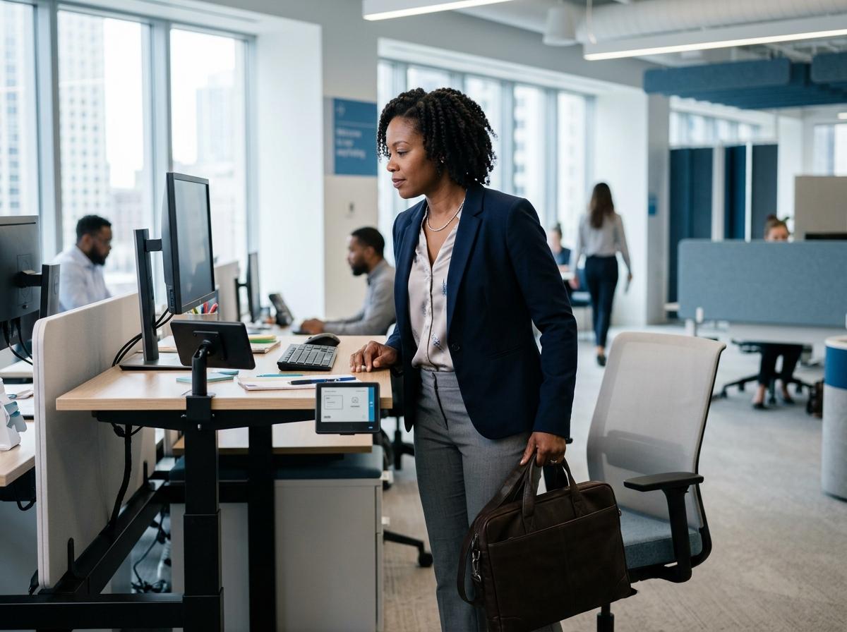 An employee arriving at a reserved desk in a modern US office